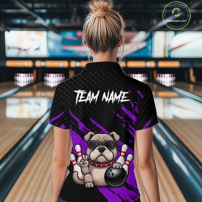 Women’s purple Bulldog bowling quarter zip shirt, back view on female model in bowling lane 