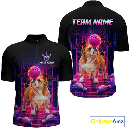 Men’s retro Bulldog neon synthwave bowling quarter zip shirt with custom name, front view on white background.
