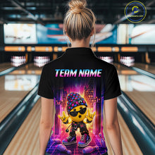 Load image into Gallery viewer, Women’s neon synthwave rocker bowling quarter zip shirt, back view on female model in bowling lane 
