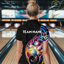 Load image into Gallery viewer, Women’s blue neon wave bowling polo shirt, back view on male model in bowling lane 