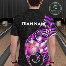 Load image into Gallery viewer, Men’s purple neon wave bowling polo shirt, back view on male model in bowling lane 