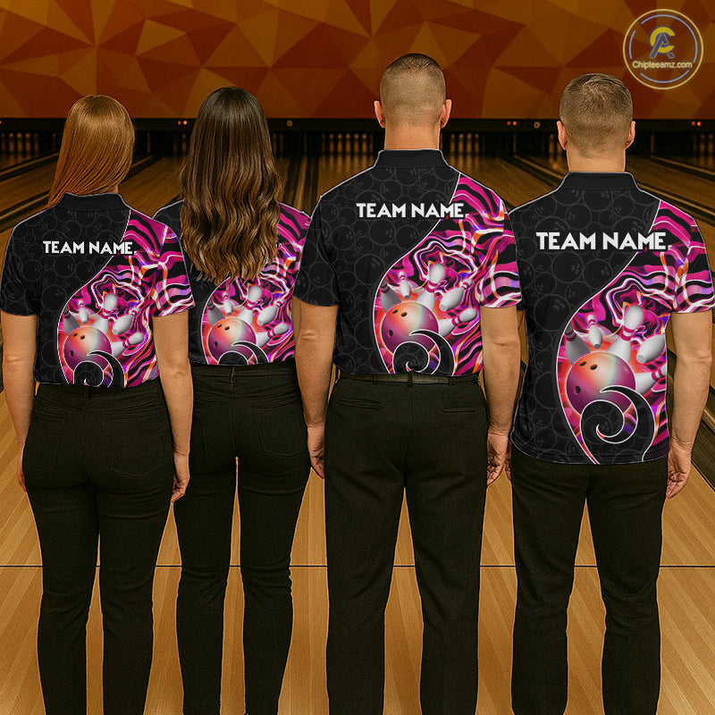 Group of bowlers in pink neon wave team shirts, personalized bowling uniforms back view
