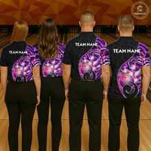 Load image into Gallery viewer, Group of bowlers in purple neon wave team shirts, personalized bowling uniforms back view
