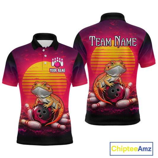 Custom retro sunset bearded dragon bowling jersey for men, personalized team bowling polo shirt front view and back view