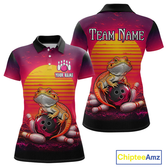 Custom retro sunset bearded dragon bowling jersey for women, personalized team bowling polo shirt front view and back view