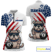 Load image into Gallery viewer, Polo shirt with bulldog design, American flag pattern, and 'Chiptee Amz' branding.
