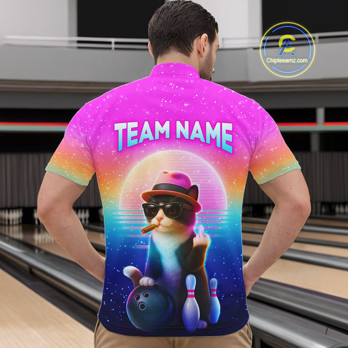 Custom Funny Cat Bowling Shirt for Men Retro Wave Bowling Team Jersey Polo & 1/4 Zip HNT200