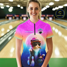 Load image into Gallery viewer, Custom Funny Cat Bowling Shirt for Women Retro Wave Bowling Team Jersey Polo &amp; 1/4 Zip HNT200