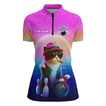 Load image into Gallery viewer, Custom Funny Cat Bowling Shirt for Women Retro Wave Bowling Team Jersey Polo &amp; 1/4 Zip HNT200