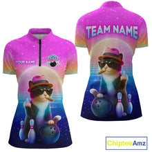 Load image into Gallery viewer, Custom Funny Cat Bowling Shirt for Women Retro Wave Bowling Team Jersey Polo &amp; 1/4 Zip HNT200