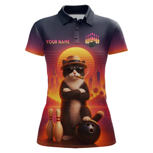 Custom Funny Cat Retro Bowling Jersey for Women Bowling Polo & 1/4 Zip Bowling Team Shirts HNT199