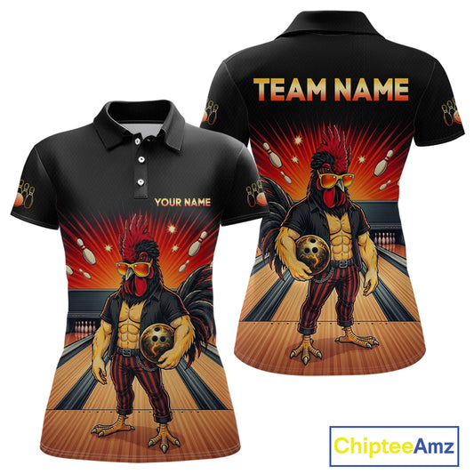 Custom funny rooster bowling jersey for women, personalized team bowling polo shirt front view and back view