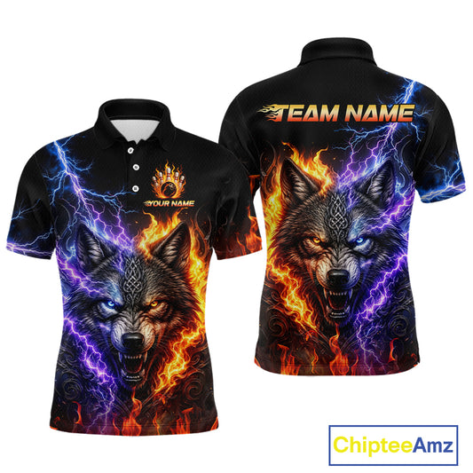 Custom fire lightning wolf bowling jersey for men, personalized team bowling polo shirt front view and back view 