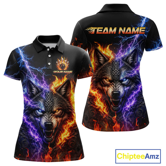 Custom fire lightning wolf bowling jersey for women, personalized team bowling polo shirt front view and back view 