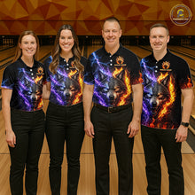 Load image into Gallery viewer, Group of bowlers in fire lightning wolf team shirts, personalized bowling uniforms front view.