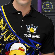 Load image into Gallery viewer, Black polo shirt with a bowling design and space for personalization, featuring a brand logo in the corner.
