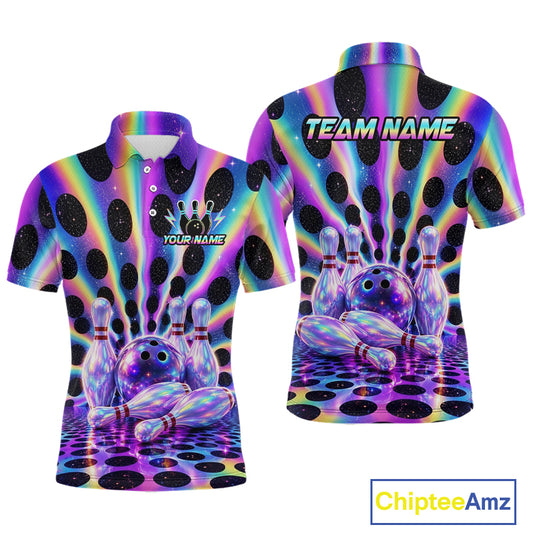Custom neon cosmic bowling jersey for men, personalized team bowling polo shirt front view and back view