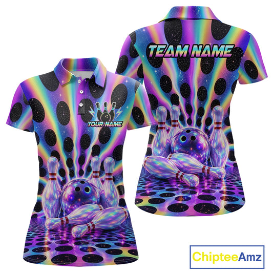 Custom neon cosmic bowling jersey for women, personalized team bowling polo shirt front view and back view