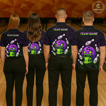 Load image into Gallery viewer, Four people wearing matching bowling shirts with a team name on a bowling alley.