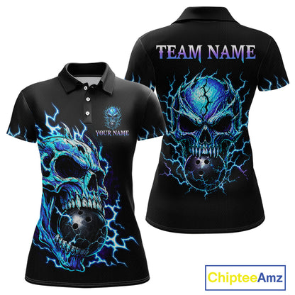 Black short-sleeve polo shirt shown from the front and back, featuring a large blue and black skull graphic with lightning effects and customizable text areas reading TEAM NAME and YOUR NAME. A ChipteeAmz logo appears in the bottom right corner.
