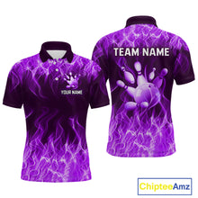 Load image into Gallery viewer, Custom Purple Flame Bowling Jersey for Men Polo &amp; 1/4 Zip Bowling Team Shirts Bowling League HNT150