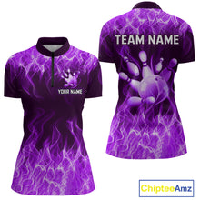 Load image into Gallery viewer, Custom Purple Flame Bowling Jersey for Women Polo &amp; 1/4 Zip Bowling Team Shirts Bowling League HNT150