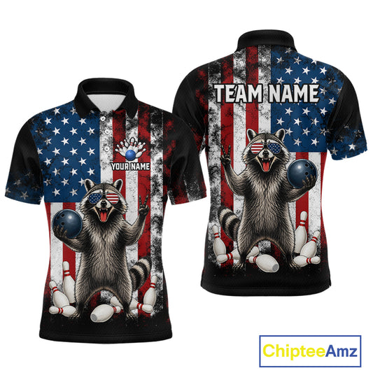 Custom us flag raccoon bowling jersey for men, personalized team bowling polo shirt front view and back view