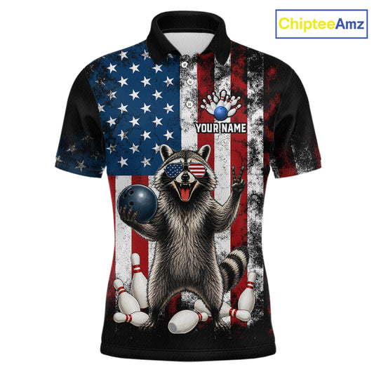 Custom us flag raccoon bowling jersey for men, personalized team bowling polo shirt front view
