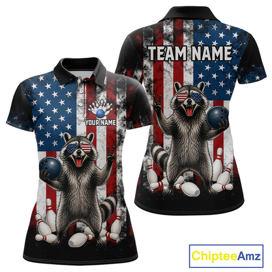 Custom us flag raccoon bowling jersey for women, personalized team bowling polo shirt front view and back view