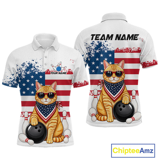 Custom us flag cat bowling jersey for men, personalized team bowling polo shirt front view and back view