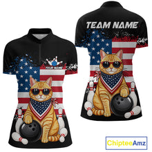 Load image into Gallery viewer, Custom us flag cat bowling jersey for women, personalized team bowling quarter zip shirt front view and back view