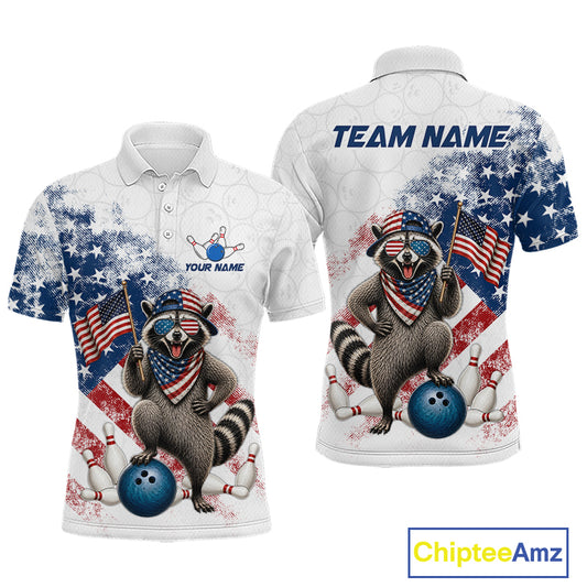 Custom us flag raccoon bowling jersey for men, personalized team bowling polo shirt front view and back view