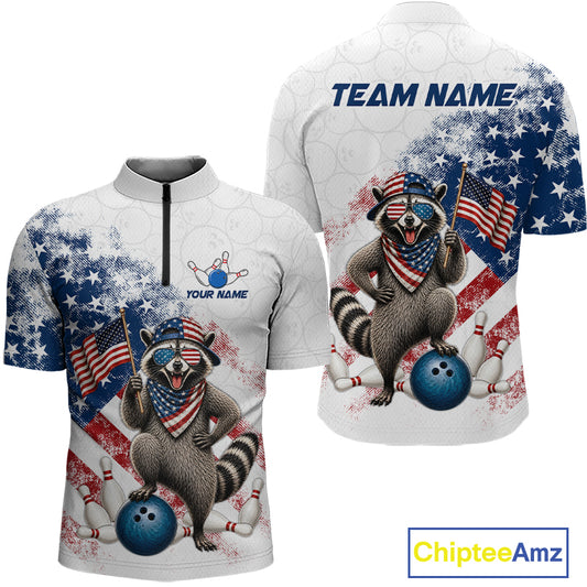 Custom us flag raccoon bowling jersey for men, personalized team bowling quarter zip shirt front view and back view