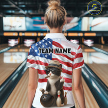 Load image into Gallery viewer, Custom US Flag Funny Cat Bowling Jersey for Women Bowling Uniform Bowling Team Shirts HNT127