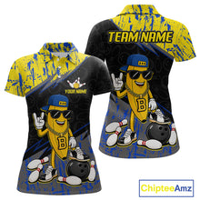 Load image into Gallery viewer, Women polo bowling-themed shirt with cartoon character and customizable text on a white background