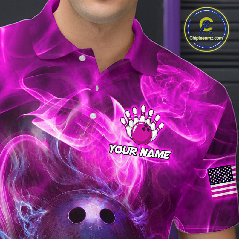 A close-up of a person wearing a bright magenta and purple polo shirt with a bowling-themed graphic print, including a bowling pin hand graphic, a bowling ball, and the text 'YOUR NAME'. A circular 'Chipteeamz'.