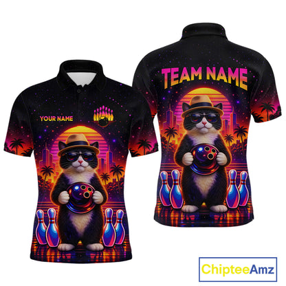 Custom Funny Neon Cat Bowling Jersey for Men Bowling Tournament Polo & 1/4 Zip Bowling Team Shirts HNT210