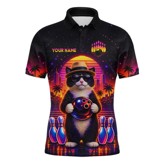 Custom Funny Neon Cat Bowling Jersey for Men Bowling Tournament Polo & 1/4 Zip Bowling Team Shirts HNT210