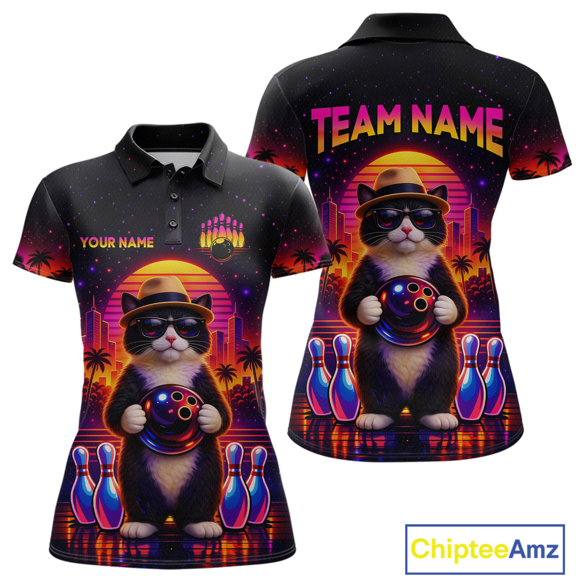 Custom Funny Neon Cat Bowling Jersey for Women Bowling Tournament Polo & 1/4 Zip Bowling Team Shirts HNT210
