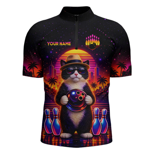Custom Funny Neon Cat Bowling Jersey for Men Bowling Tournament Polo & 1/4 Zip Bowling Team Shirts HNT210