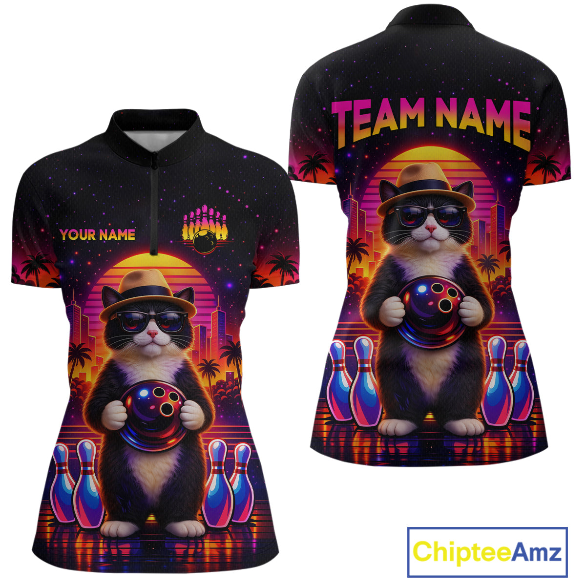 Custom Funny Neon Cat Bowling Jersey for Women Bowling Tournament Polo & 1/4 Zip Bowling Team Shirts HNT210