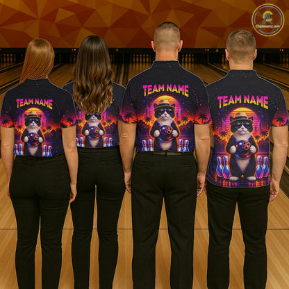 Custom Funny Neon Cat Bowling Jersey for Women Bowling Tournament Polo & 1/4 Zip Bowling Team Shirts HNT210