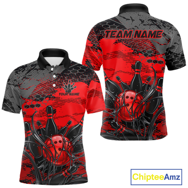 Red and black bowling-themed shirt with 'Team Name' and 'Your Name' text on a white background.