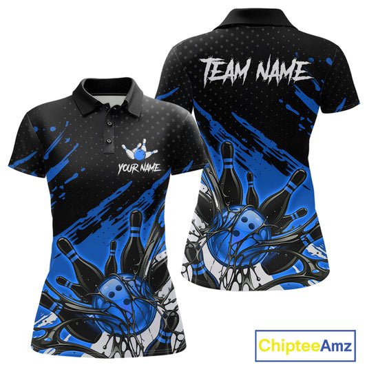 Custom Blue Bowling Jerseys For Women, Personalized Bowling Team Shirts Bowling Pin And Ball HNT283