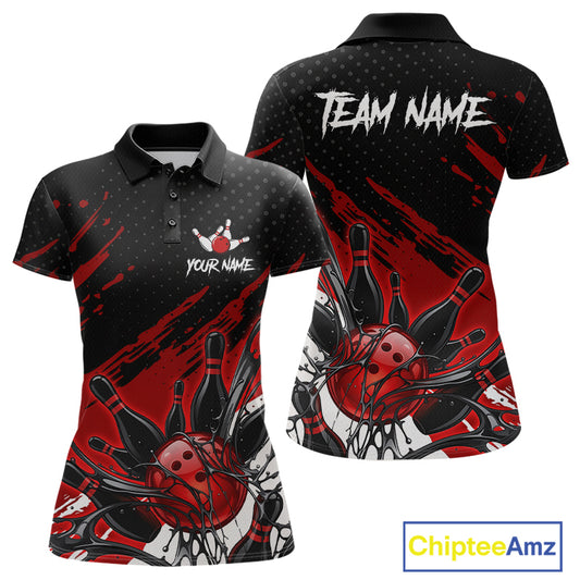 Custom Red Bowling Jerseys For Women, Personalized Bowling Team Shirts Bowling Pin And Ball HNT283