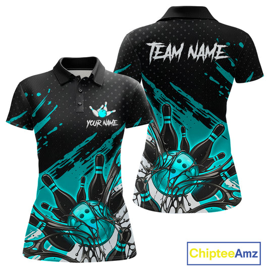 Custom Turquoise Bowling Jerseys For Women, Personalized Bowling Team Shirts Bowling Pin And Ball HNT283