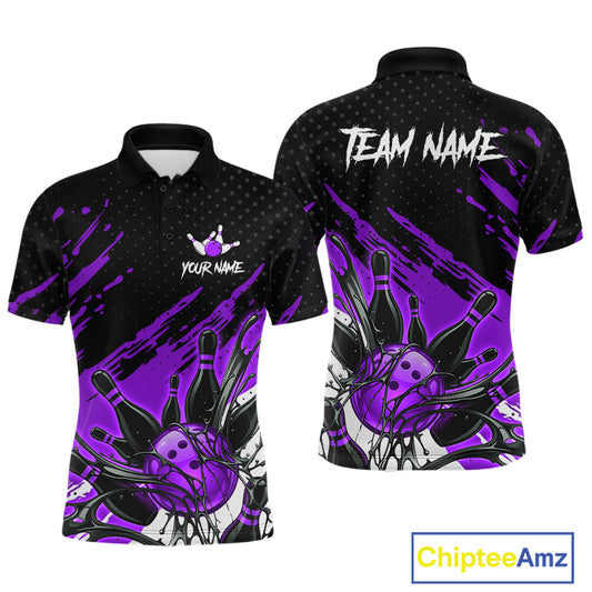Custom Purple Bowling Jerseys For Men, Personalized Bowling Team Shirts Bowling Pin And Ball HNT283