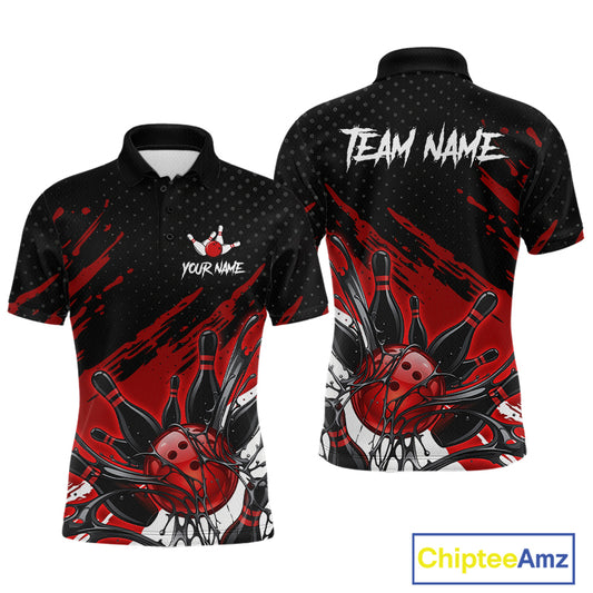 Custom Red Bowling Jerseys For Men, Personalized Bowling Team Shirts Bowling Pin And Ball HNT283
