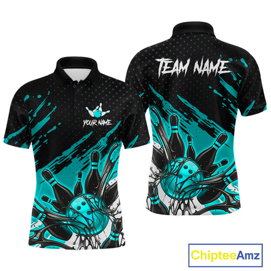 Custom Turquoise Bowling Jerseys For Men, Personalized Bowling Team Shirts Bowling Pin And Ball HNT283