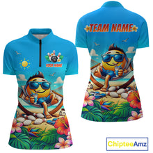 Load image into Gallery viewer, Colorful women quarter zip shirt with a summer character and 'Team Name' text on a white background